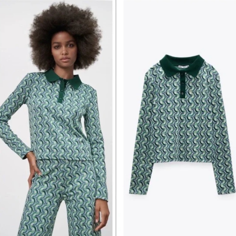 Zara Geo Print Jacquard Long Sleeve Polo - Size Small